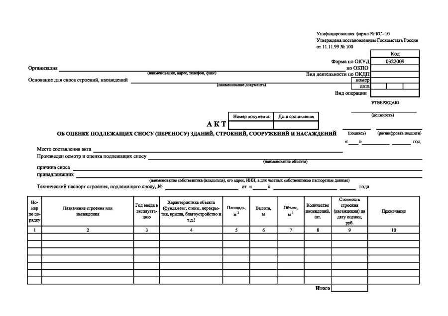 Акт об оценке подлежащих сносу (переносу) зданий, строений, сооружений и насаждений (форма КС-10)