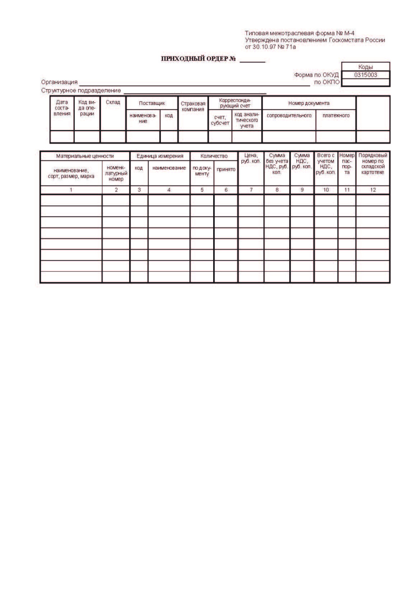 Приходный ордер, М-4 (Формат А4) 