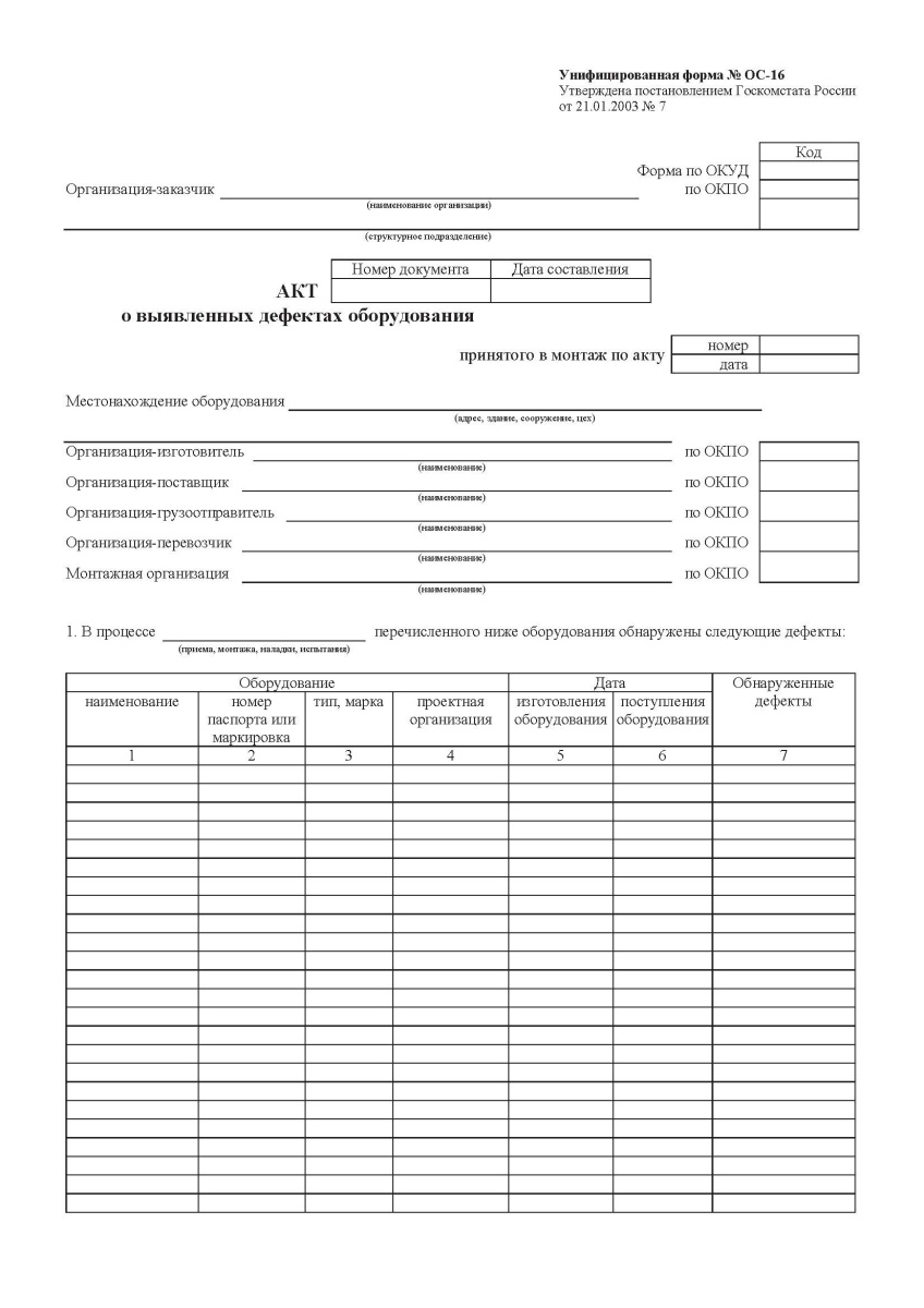 Акт о выявленных дефектах оборудования (ОС-16)