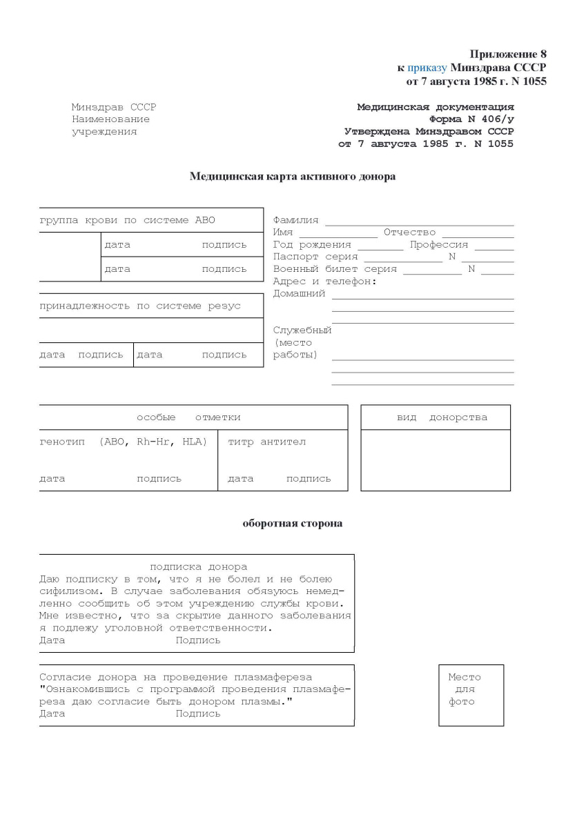 Медицинская карта активного донора. Форма №406/у