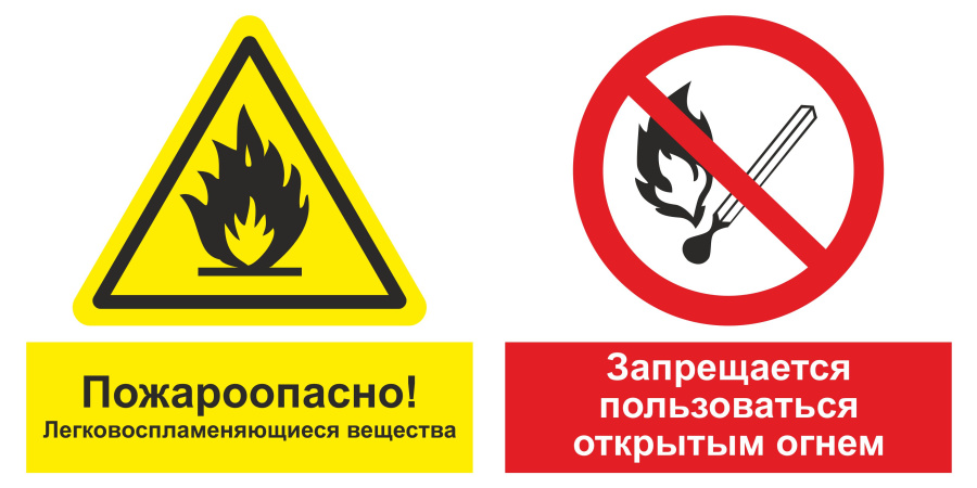 Знак пожароопасно! Легковоспаменяющиеся вещетсва. Запрещается пользоваться открытым огнем