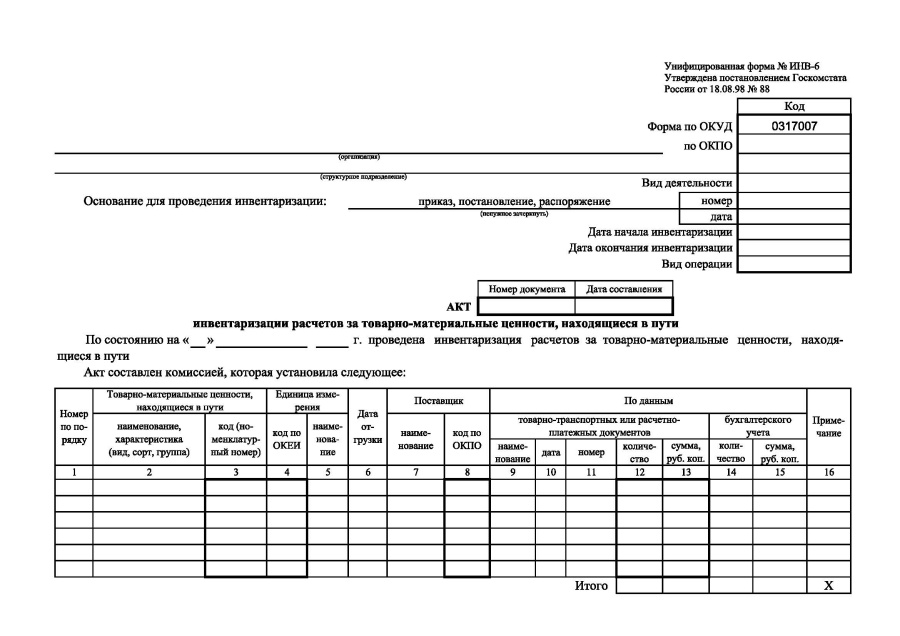 Акт инвентаризации товарно-материальных ценностей, находящихся в пути (Форма ИНВ-6)