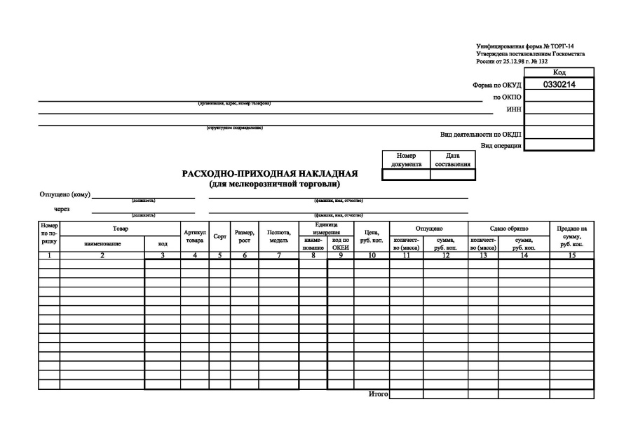 Расходно-приходная накладная (для мелкорозничной торговли) (Форма № ТОРГ-14)