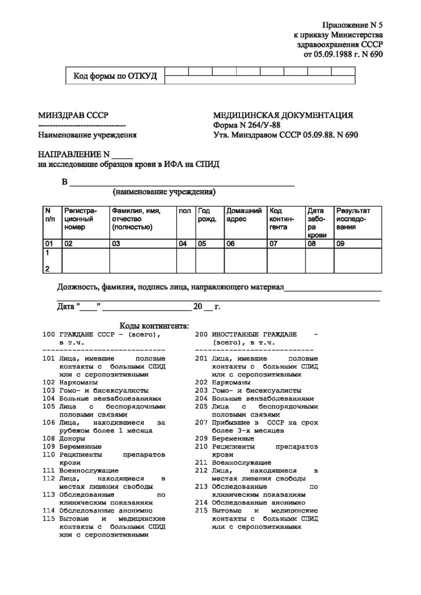 Направление на исследование образцов крови в ИФА на СПИД (Форма 264/у-88)