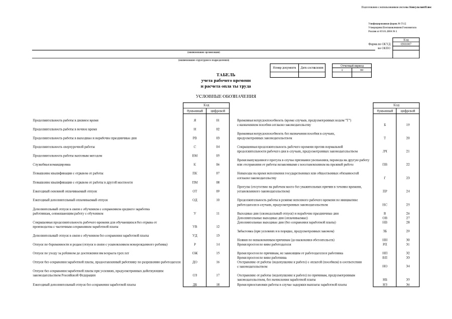 Табель учета рабочего времени и расчета оплаты труда (Унифицированная форма № Т-12)