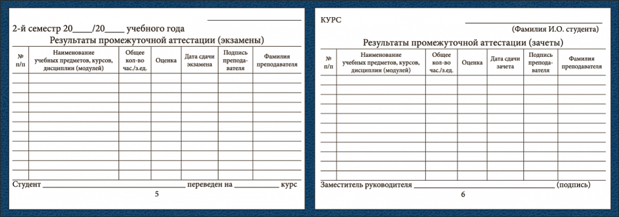 Бланк зачетной книжки для среднего профессионального образования