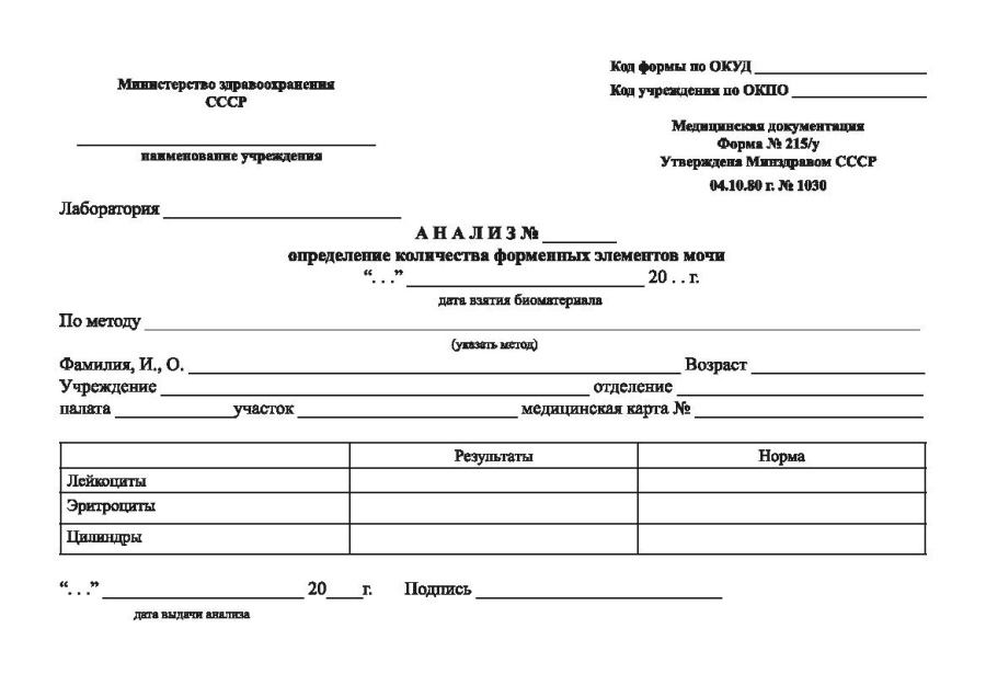 Анализ - определение количества форменных элементов мочи (Форма 215/у)
