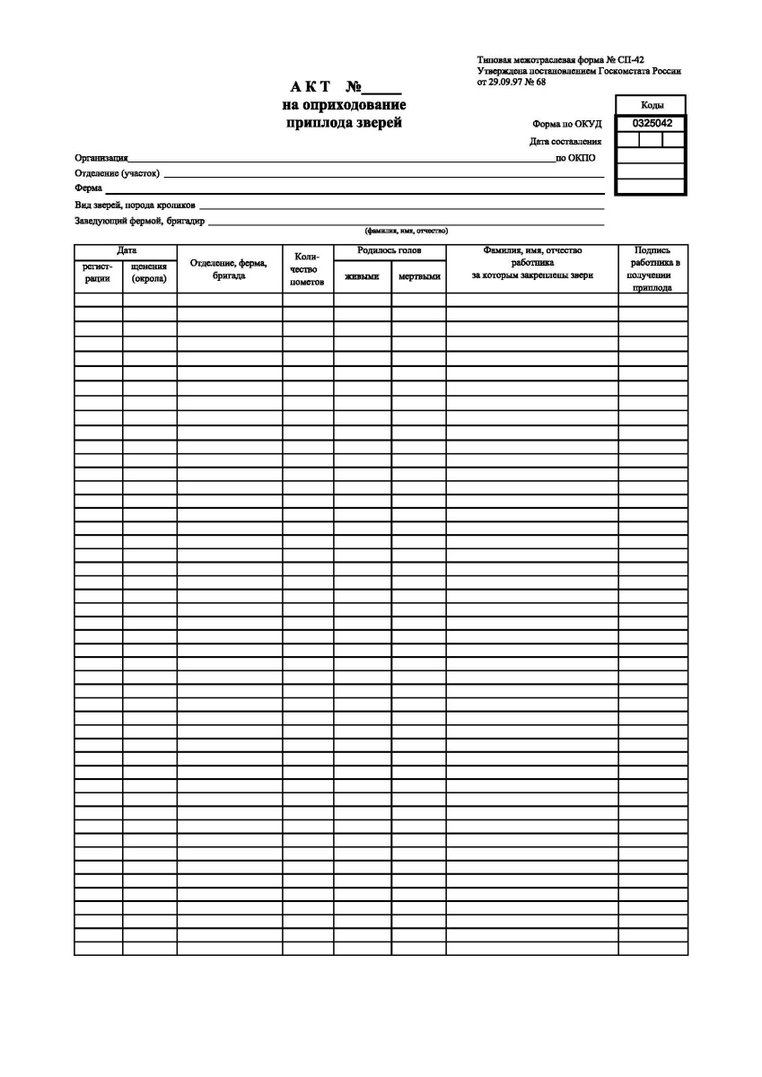 Акт на оприходование приплода зверей (Форма № СП-42)