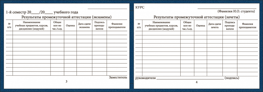 Бланк зачетной книжки для среднего профессионального образования