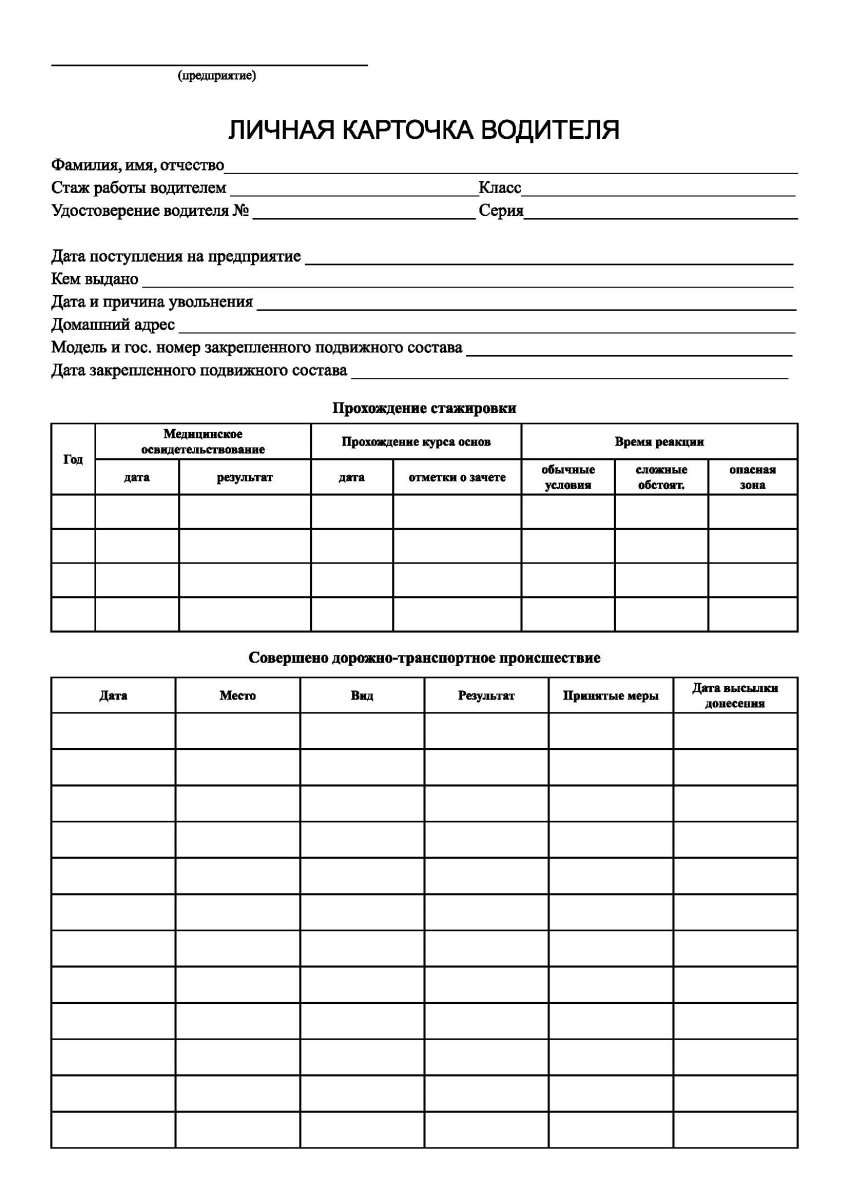 Личная карточка водителя  