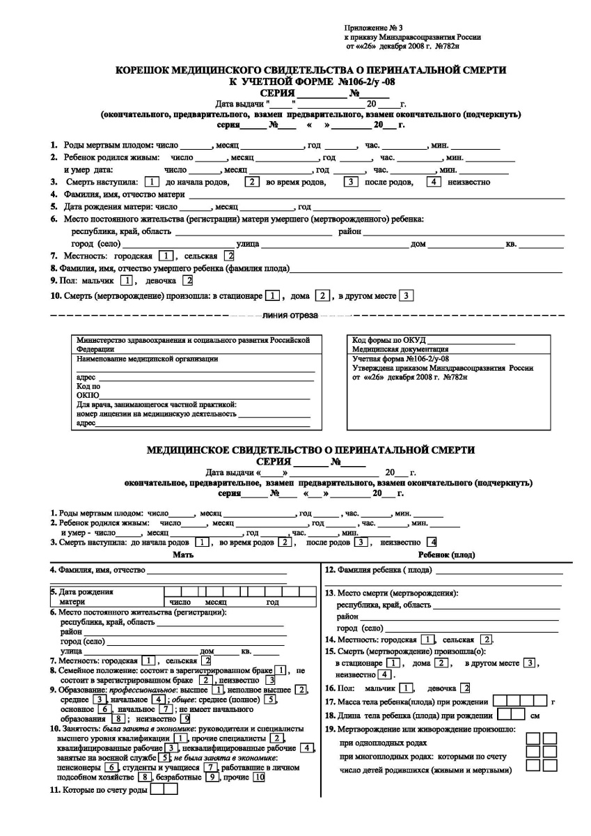 Медицинское свидетельство о перинатальной смерти (с корешком) (Форма 106-2/у-08)