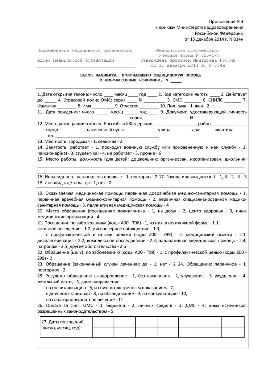 Талон пациента, получившего медпомощь в амбулаторных условях (Форма №025-1/у)
