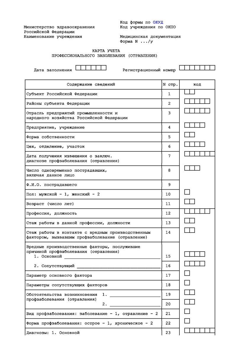 Карта учета профессионального заболевания (отравления)