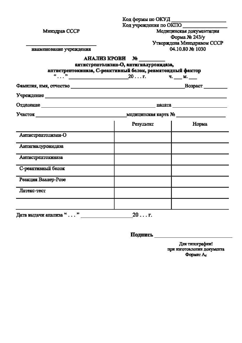 Анализ крови — антистрептолизин-О, антигиалуронидаза, антистрептокиназа, С-реактивный белок, ревмато