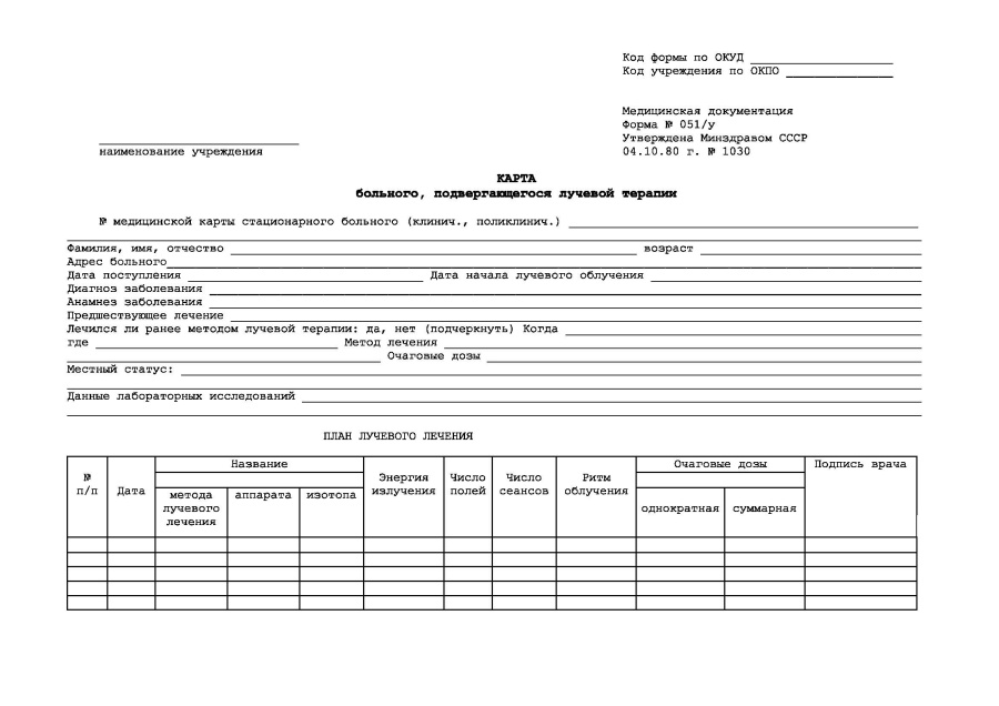 Карта больного, подвергающегося лучевой терапии (Форма 051/у)