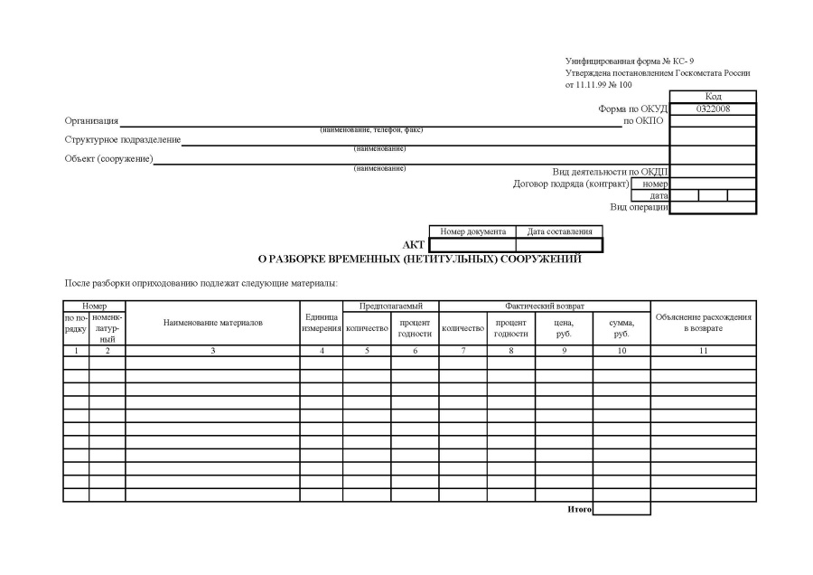 Акт о разборке временных (нетитульных) сооружений (форма КС-9)