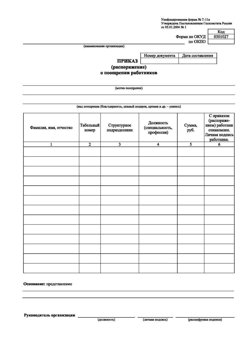 Приказ (распоряжение) о поощрении работников (Форма № Т-11а)