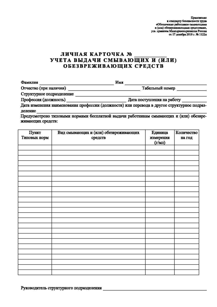 Личная карточка учета выдачи смывающих и (или) обезвреживающих средств