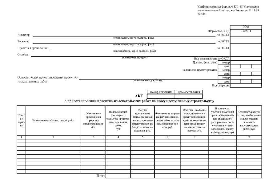 Акт о приостановлении проектно-изыскательских работ по неосуществленному строительству (Форма КС-18)