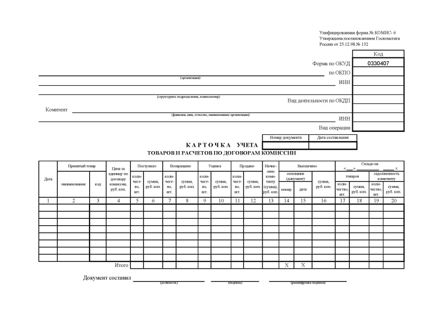 Карточка учета товаров и расчетов по договорам комиссии (Форма № КОМИС-6)