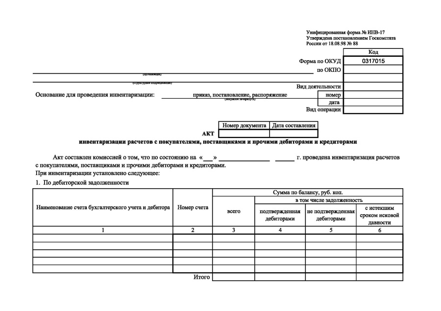 Акт инвентаризации расчетов с покупателями, поставщиками и прочими дебиторами и кредиторами