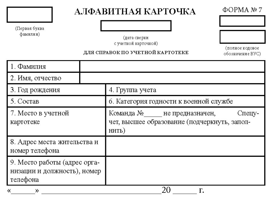 Алфавитная карточка (Форма N 7)