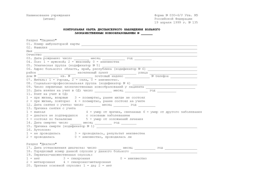 Контрольная карта диспансерного наблюдения больного злокачественным новообразованием (Форма 030-6у)