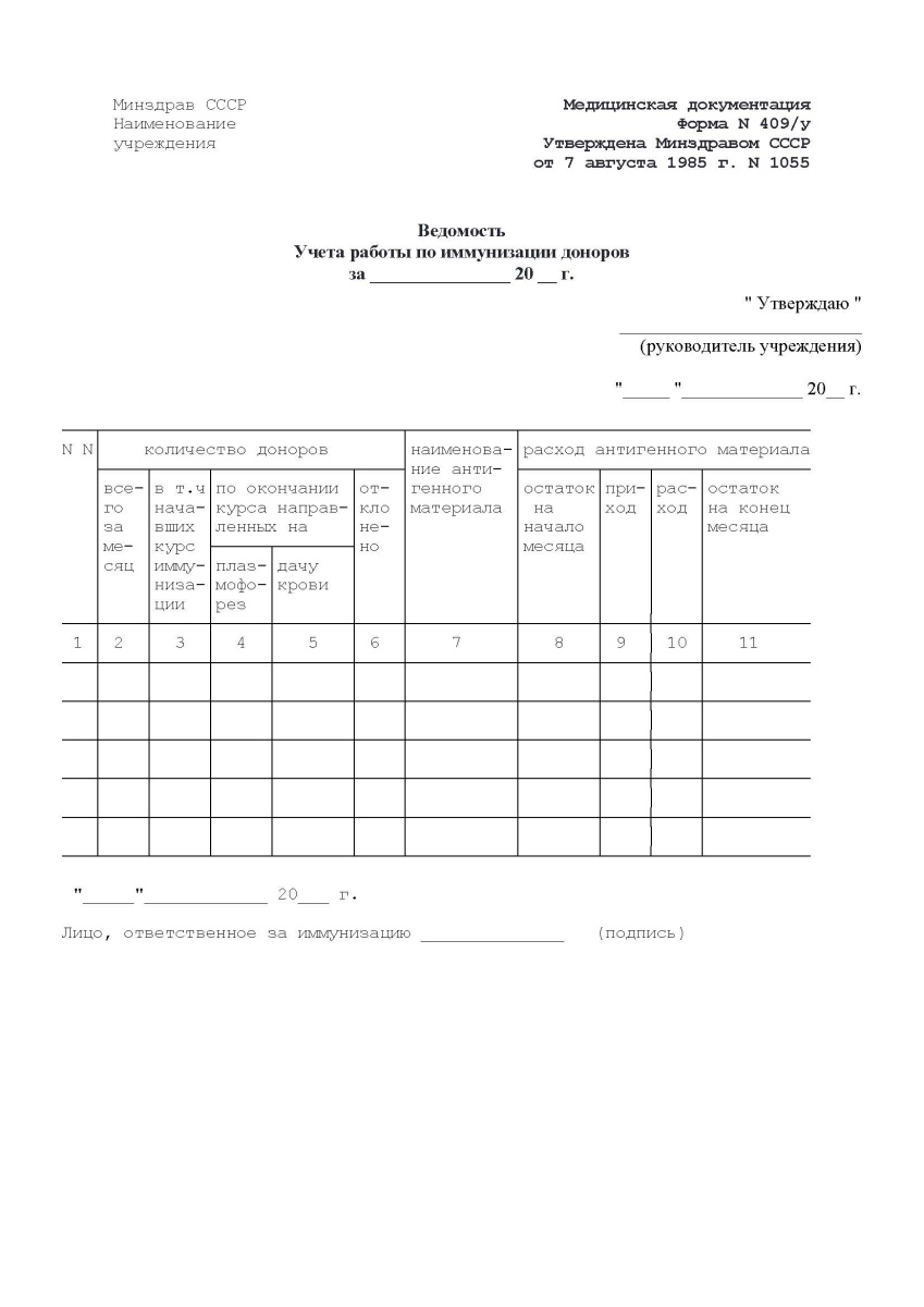 Ведомость учета работы по иммунизации доноров. (Форма 409/у)