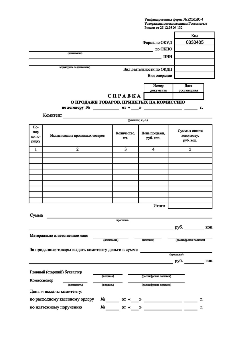 Справка о продаже товаров, принятых на комиссию (Форма № КОМИС-4)