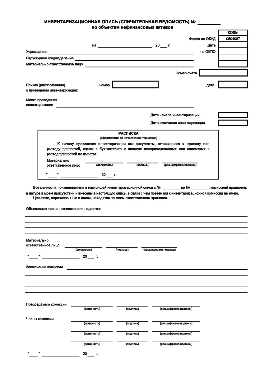 Инвентаризационная опись (сличительная ведомость) по объектам нефинансовых активов