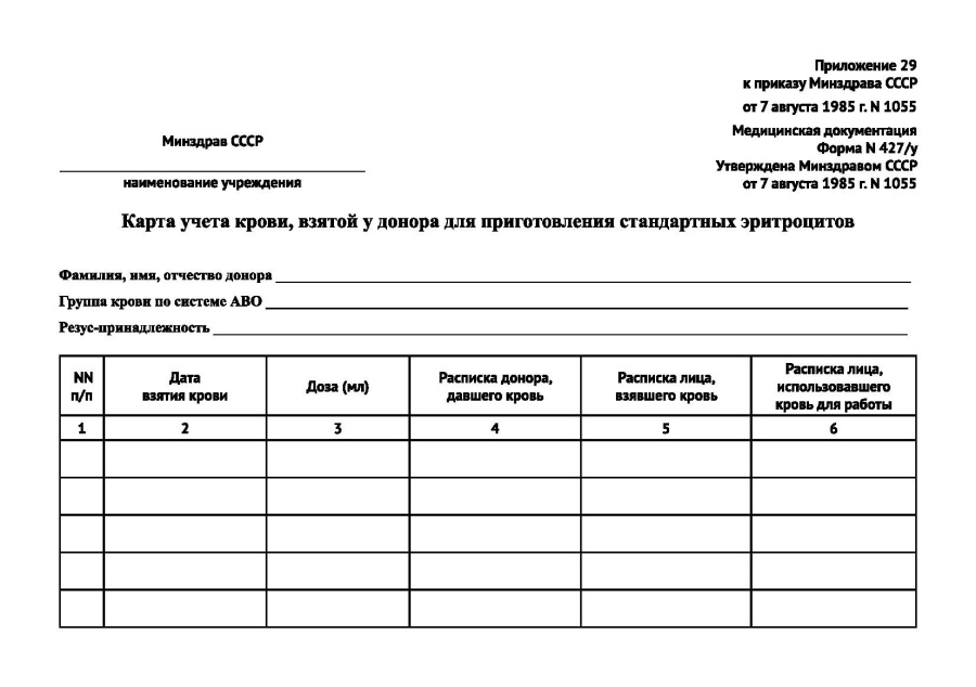 Карта учета крови, взятой у донора для приготовления стандартных эритроцитов (Форма 427/у)