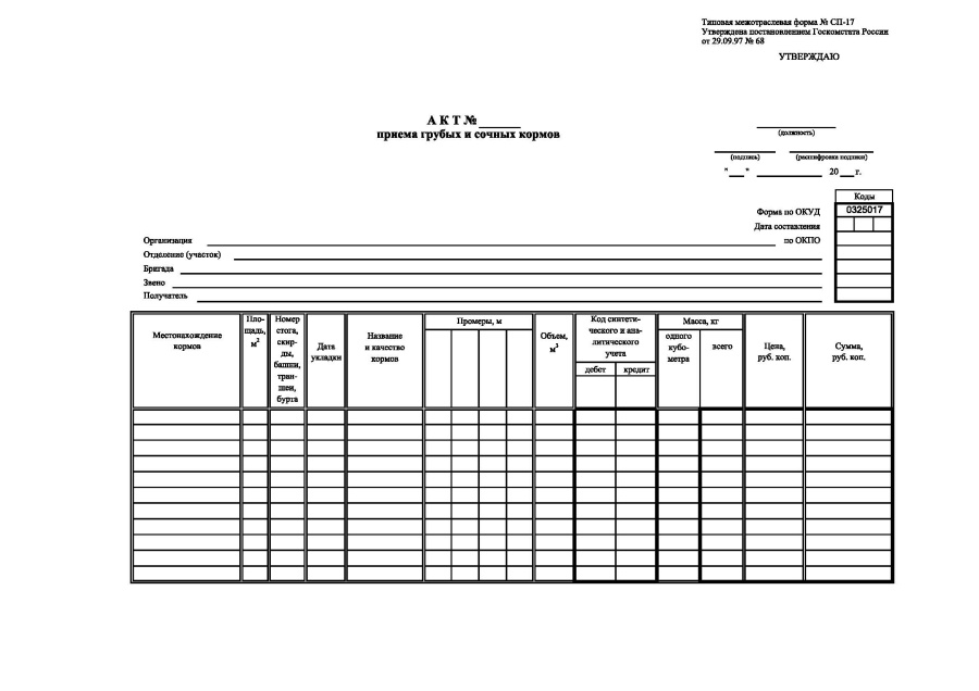 Акт приема грубых и сочных кормов (Форма № СП-17)