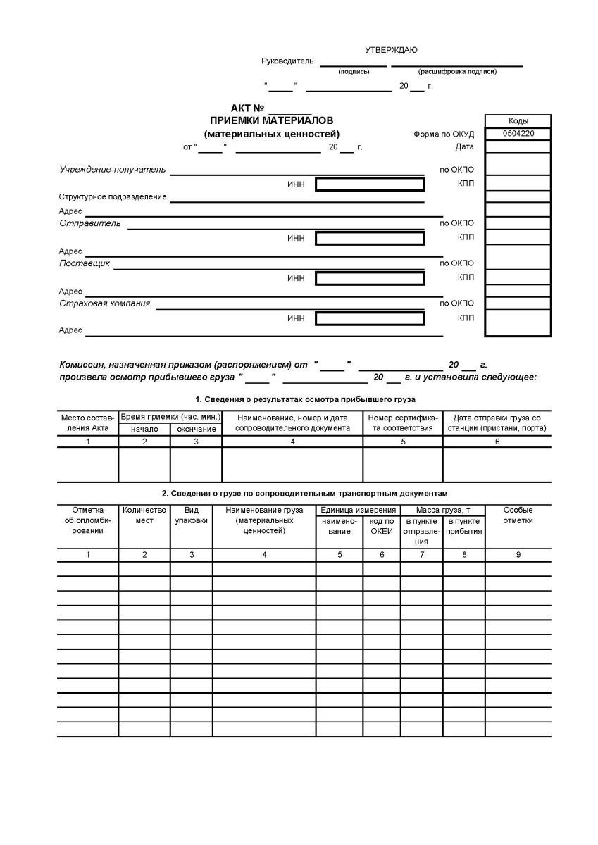 Акт о приемке материалов (ф.0504220)