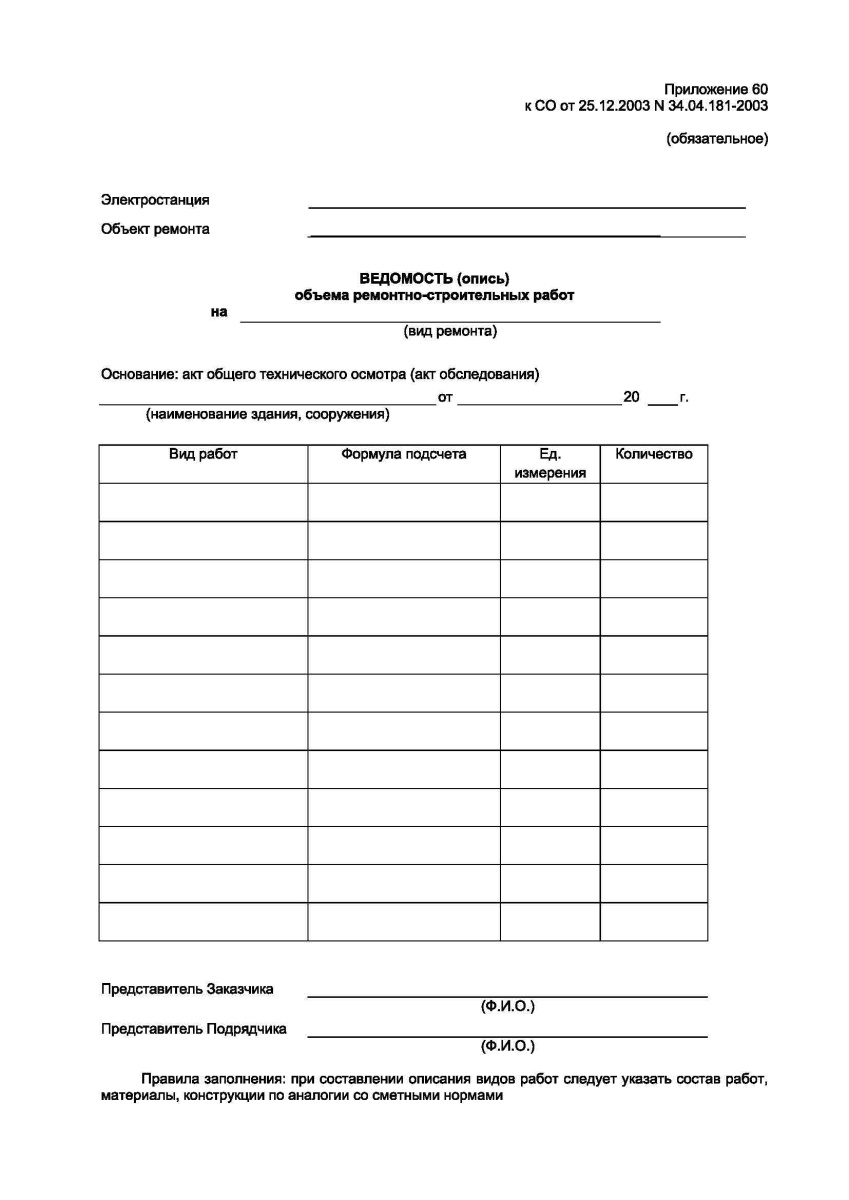 Ведомость (опись) объема ремонтно-строительных работ