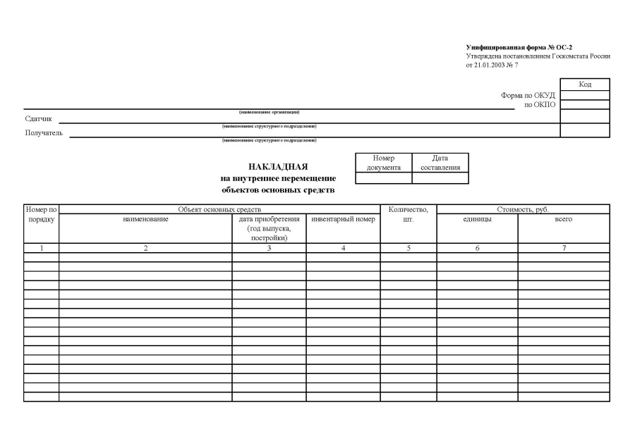 Накладная на внутреннее перемещение объектов основных средств (Форма ОС-2)