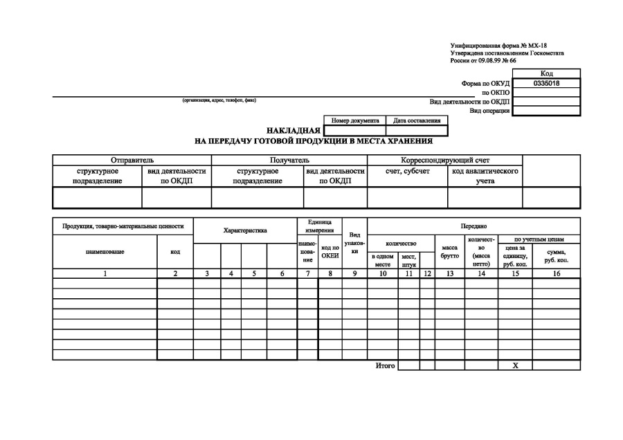 Накладная на передачу готовой продукции в места хранения (Форма МХ-18)