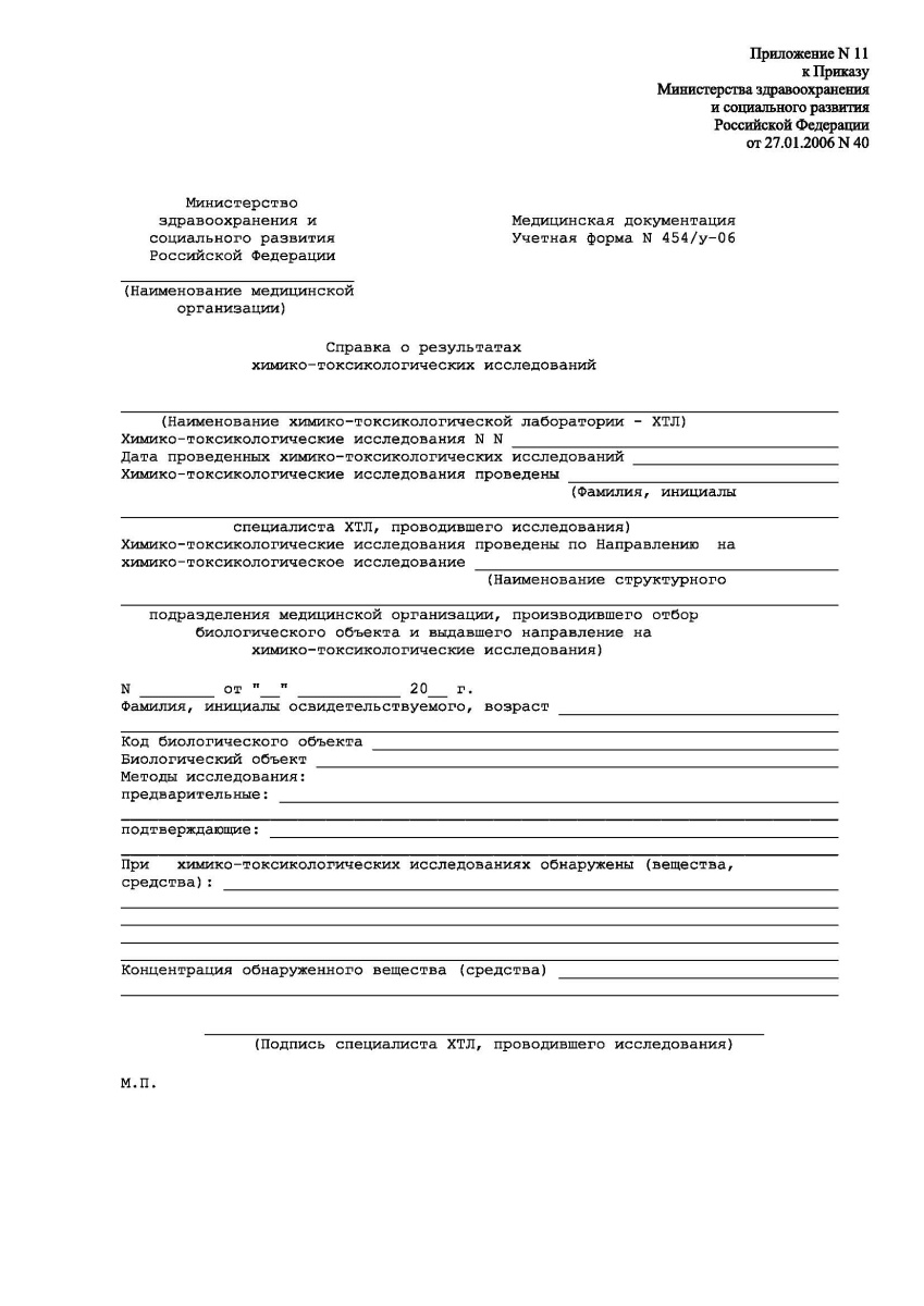 Результаты химико-токсикологического исследования (Форма 454/у-06)