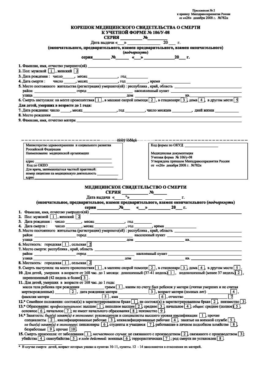 Медицинское свидетельство о смерти (с корешком) (Форма 106/у-08)