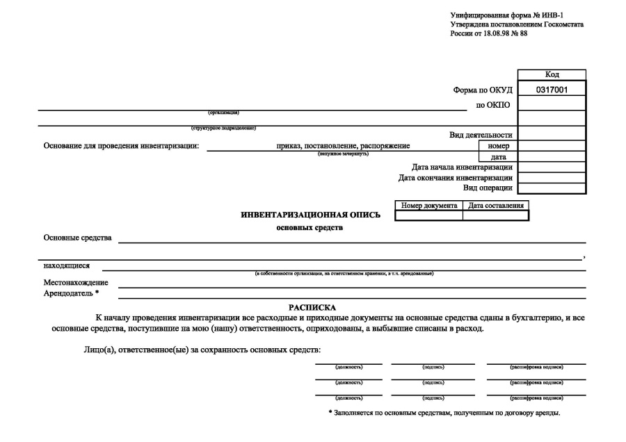 Инвентаризационная опись основных средств (Форма ИНВ-1)