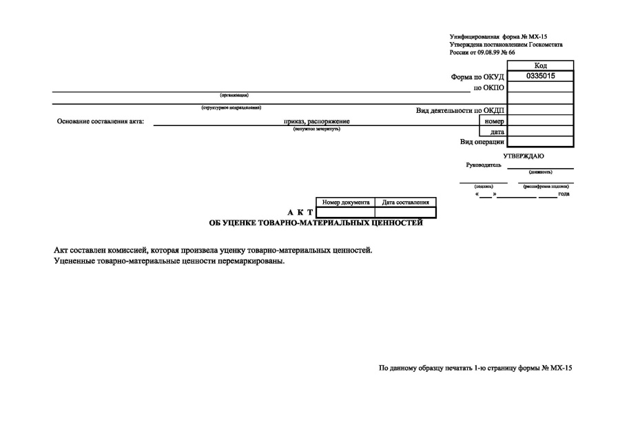 Акт об уценке товарно-материальных ценностей (Форма МХ-15)
