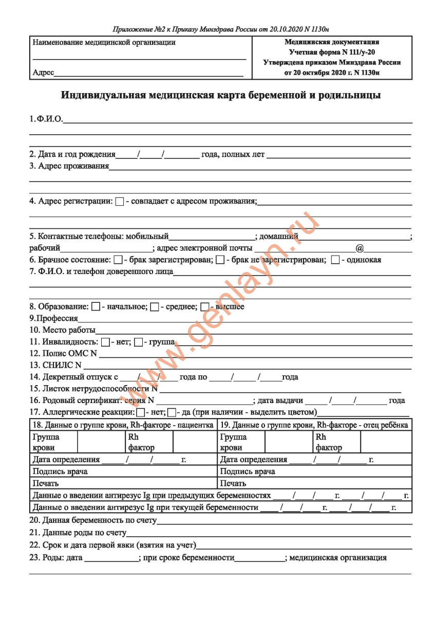Индивидуальная медицинская карта беременной и родильницы (форма N 111/у-20)