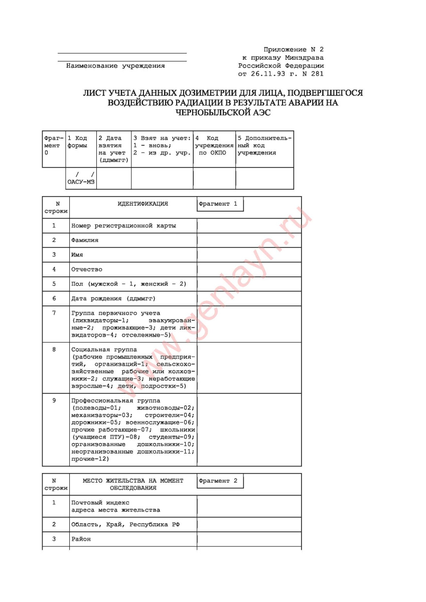 Лист учета данных дозиметрии (Форма 34-2у-93)