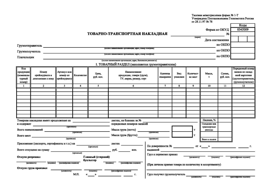  Товарно-транспортная накладная (Форма 1-Т)