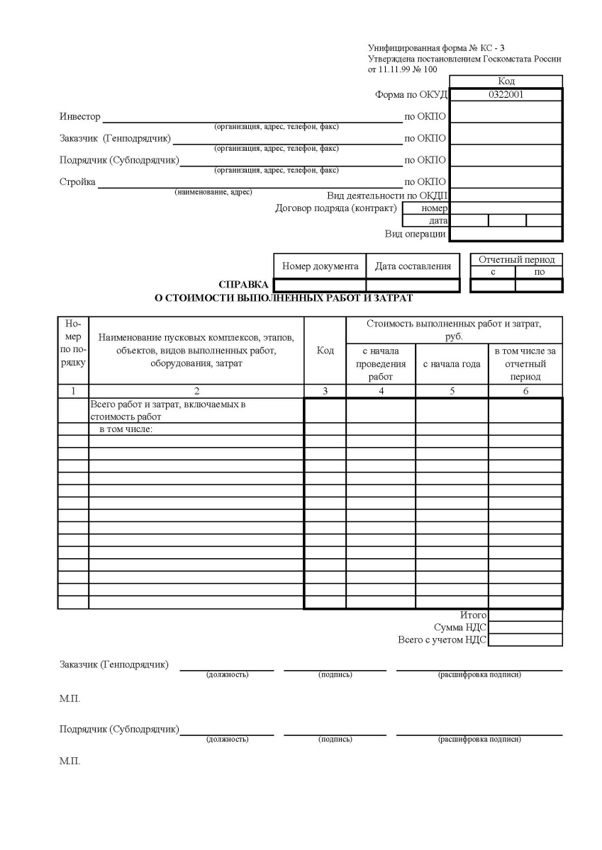 Справка о стоимости выполненных работ и затрат (Форма КС-3)