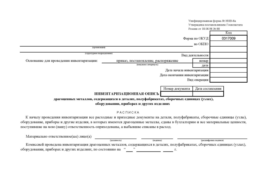 Инвентаризационная опись драгоценных металлов, содержащихся в деталях, полуфабрикатах, сборочных еди