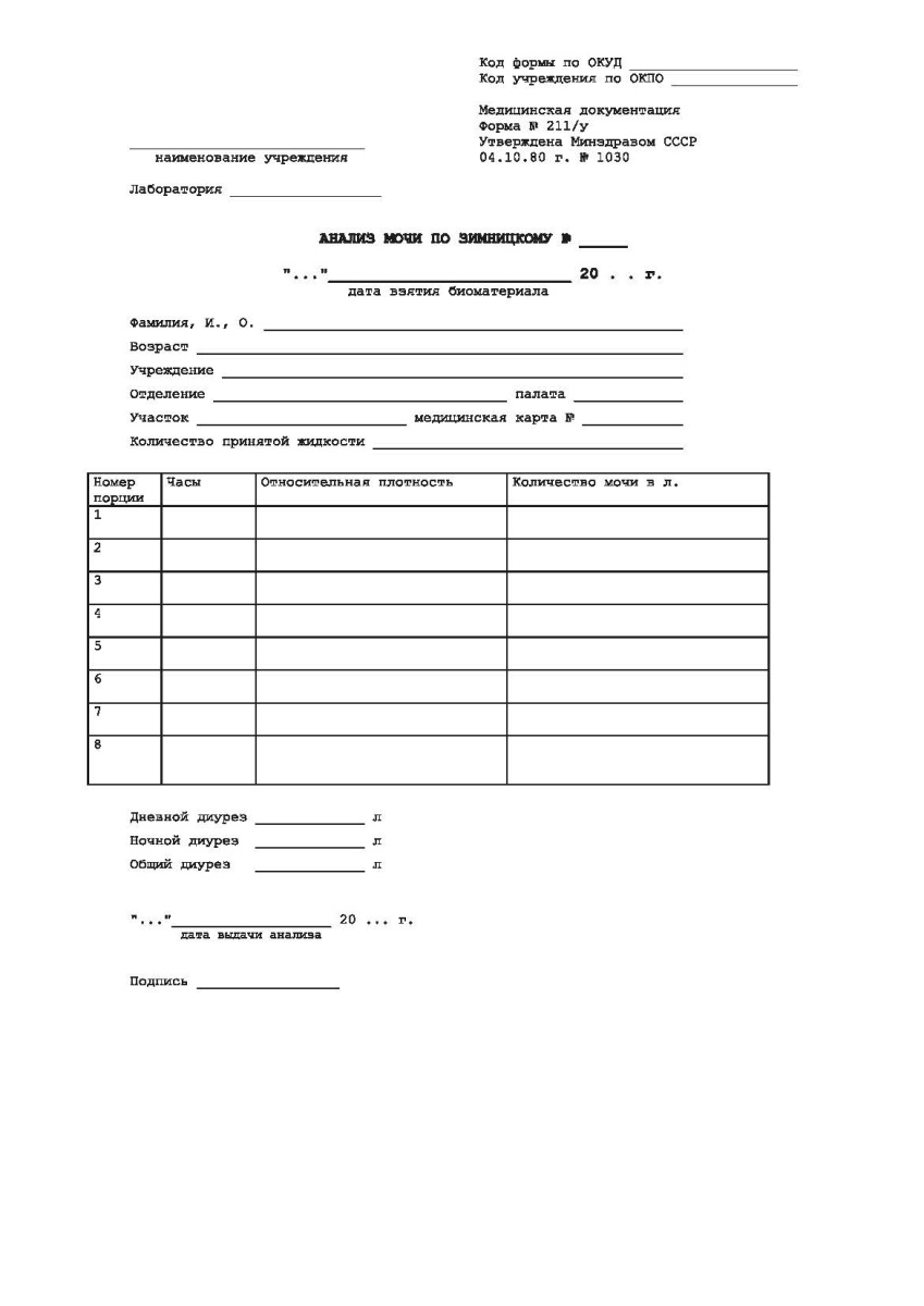 Анализ мочи по Зимницкому (Форма 211/у)