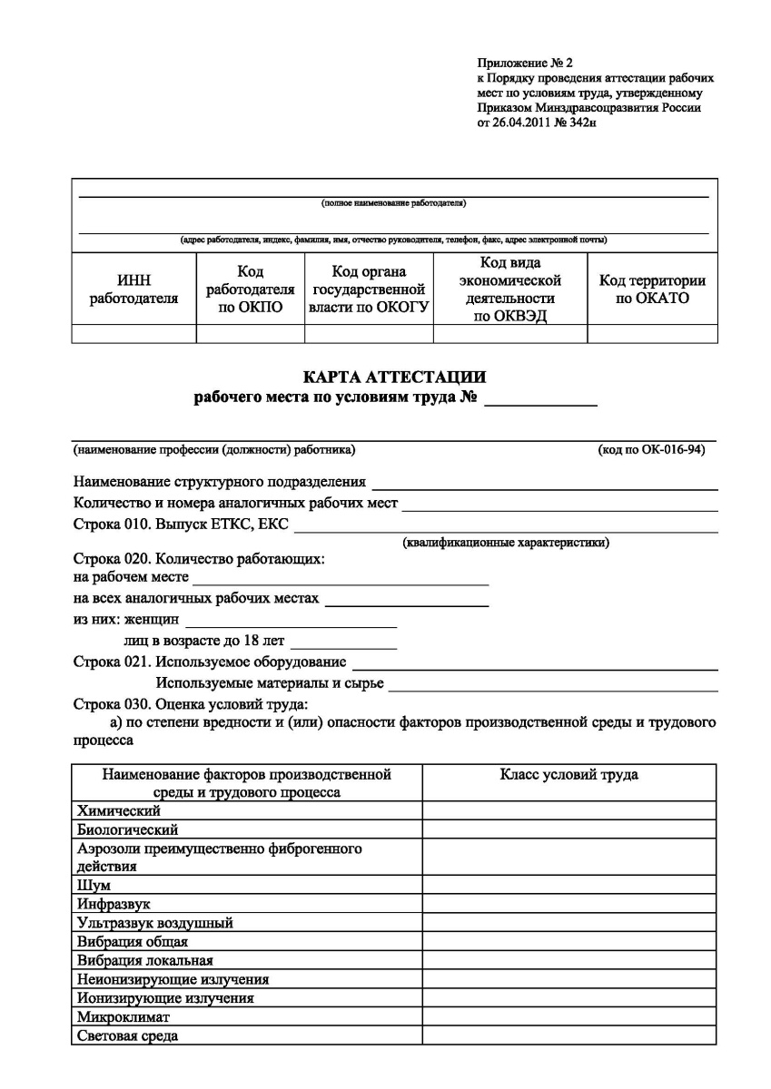Карта аттестации рабочего места по условиям труда. приложение n 2 к порядку проведения аттестации ра