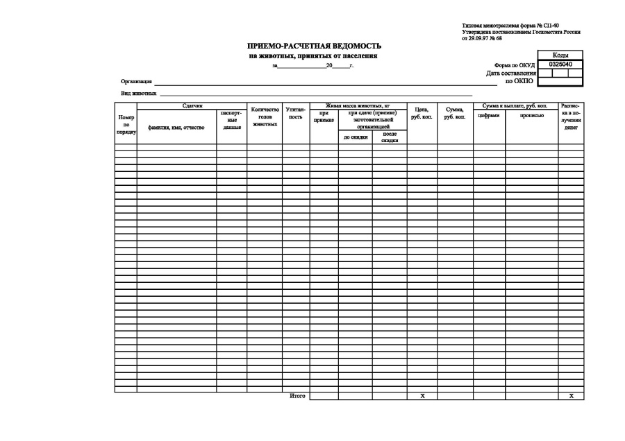Приемо-расчетная ведомость на животных, принятых от населения (Форма № СП-40)