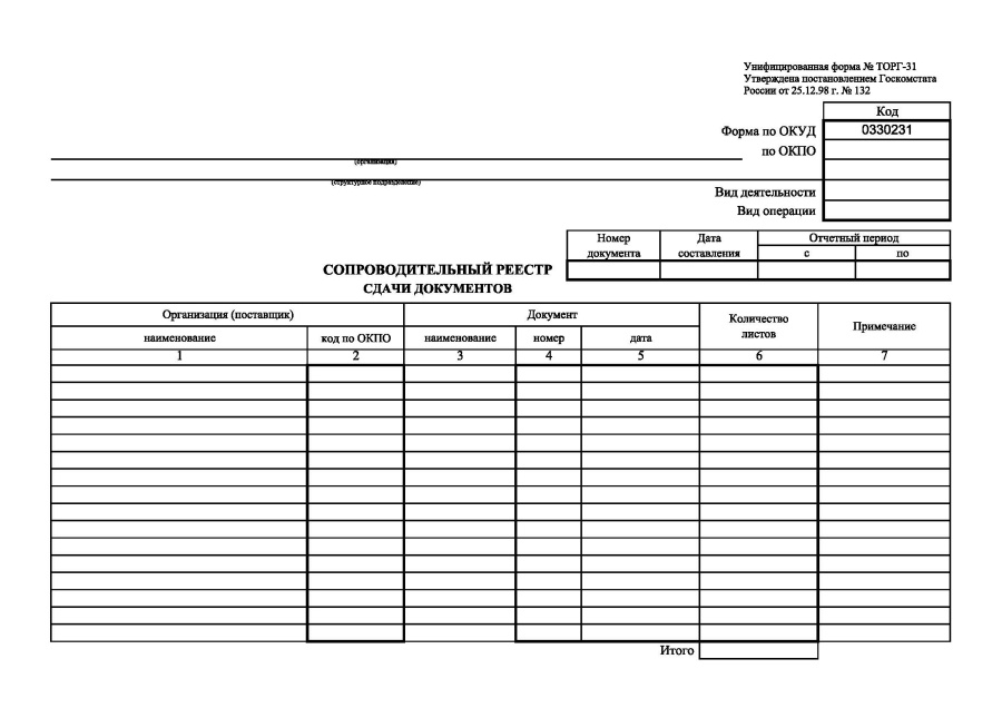 Сопроводительный реестр сдачи документов (Форма № ТОРГ-31)