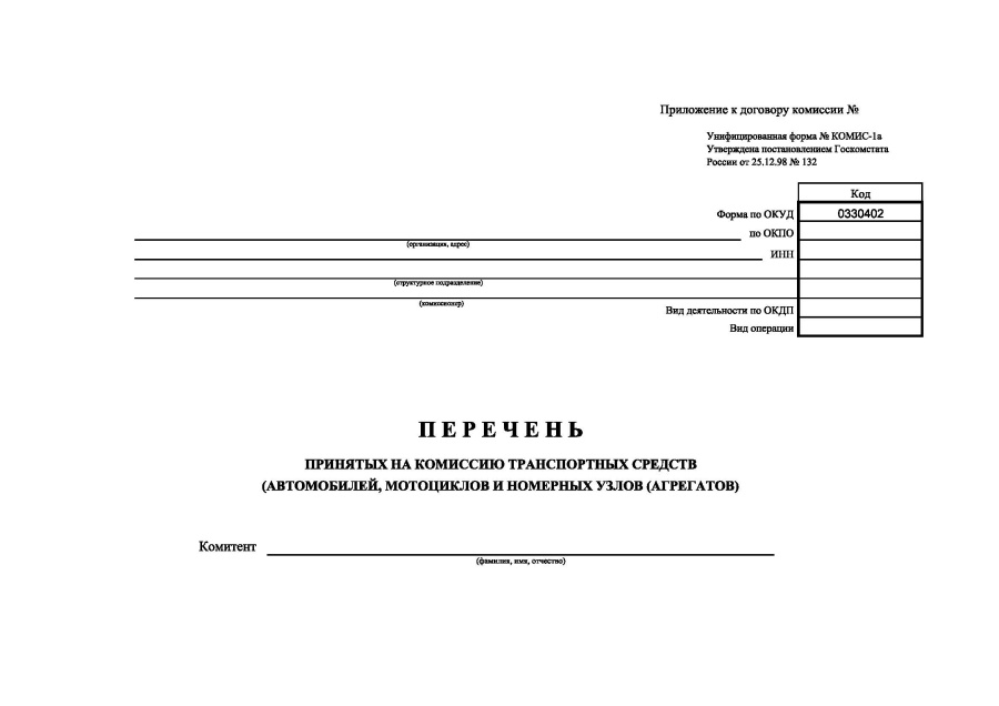 Перечень принятых на комиссию транспортных средств (автомобилей, мотоциклов) и номерных узлов (агрег